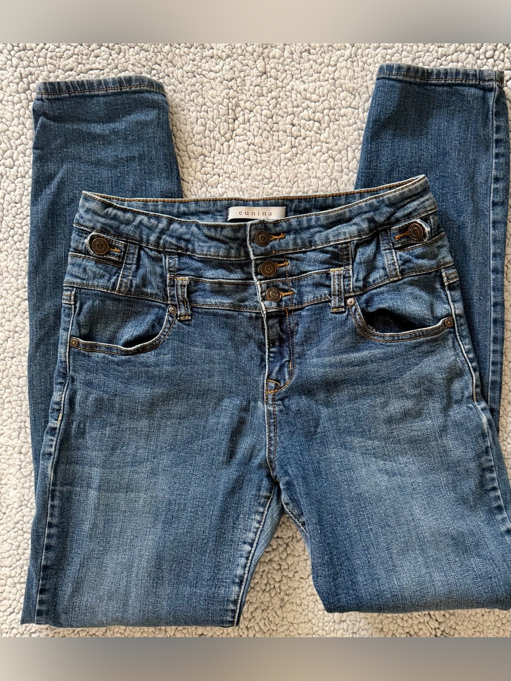 eunina Blue High-Rise Triple-Button Skinny Jeans